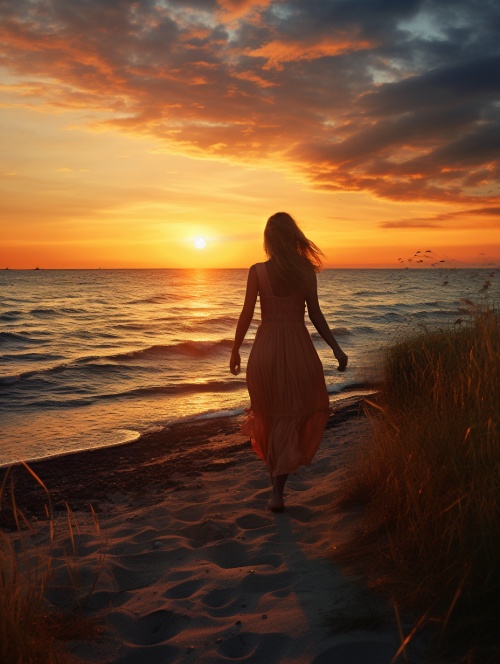 海边看日落的美女，侧逆光