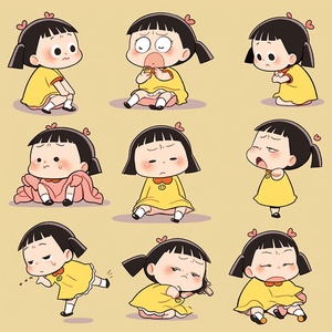 Japanese manga character Chibi Maruko-Q version, full body, emoji, 9 emojis, happy, smile, sad, serious, Emoji table, various poses and expressions, different emotions, various poss and expressions, 8k Chibi Maruko