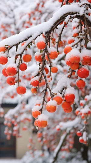 柿子树下的江南雪景摄影