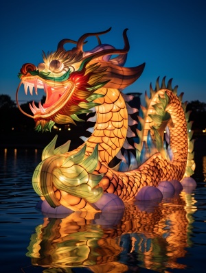 中国龙花灯在颐和园湖面上的灯火辉煌
