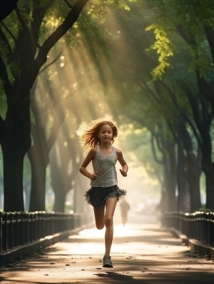 女孩清晨跑步公园大树