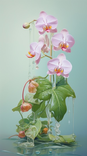 A tall pink white-blue Slippers, butterflies, orchids, of the valley flower with two buds on the branch, three tender green leaves, crystal dewdrops, ultra-high-definition vision, realism, light green background blur