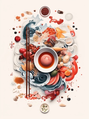 海报，红色满铺底图，一碗汤圆，勺子和汤圆，汤圆上有龙