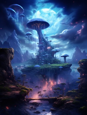 Dreamlike 3D Mushroom Clouds in Mysterious Jungle