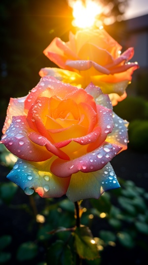 美丽的七彩玫瑰在花园中绽放