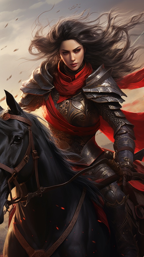一位女将军，长发凌乱，身披红色战甲，骑在马背上迎风奔袭，模糊的战场背景，七分身镜头，