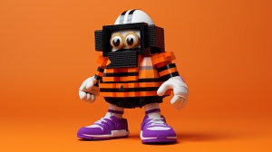 orange, black, purple and white modeled polaroid print & plastic, the illustration shows a quirky character with Adidas Brand style dressed in an Adidas Training walking around, in the style of adorable toy sculptures, rendered in cinema4d, paul rand, animated gifs, fernando botero, strong facial expression, pop-culture-infused