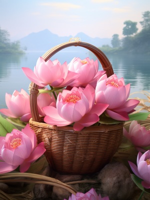 Surreal 3D Landscapes: Pink Lotus Flowers in a Basket