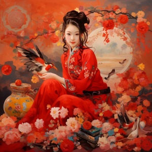 中国画中的农村姑娘、龙和花：春节吉祥图案与红色背景