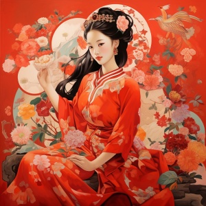 中国画中的农村姑娘、龙和花：春节吉祥图案与红色背景