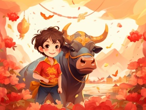 在丰富多彩的春節吉祥喜慶圖樣作底的前面，一頭可愛的中國年畫式小春牛和男孩，腓尼基艺术，红色背景，概述艺术，动画繁荣，