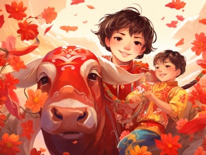 春节吉祥喜庆，中年画式小春牛与男孩的腓尼基艺术
