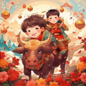 丰富多彩的春节喜庆，中式年画小春牛与男孩