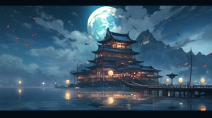 夜晚，月亮，古风中式建筑，水面，灯笼，杰作，蓝色光