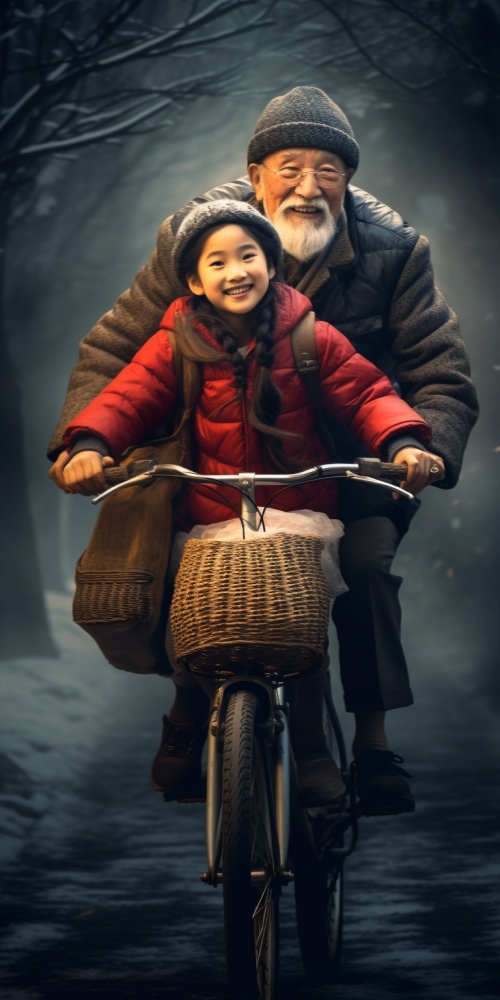 中国老爷爷，骑自行车，送孙女上学，老爷爷和孙女穿冬季服装，自行车筐里是孙女的大书包，照片写实风格，超高清画质。