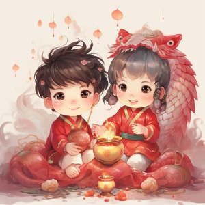 中国龙水墨画：元宵佳节的龙娃娃与汤圆