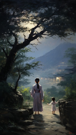 月下静待-中国乡村汉服农妇和女儿的等待