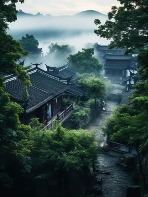 古老中国村庄：绿叶与房屋在32k UHD下展现的朦胧之美
