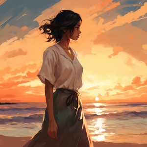 An Asian young woman, standing alone on a beach at sunset, looking out at the sea. The overall color tone is warm, with the setting sun casting long shadows, adding to the sense of nostalgia and lost love. The style is realistic.
