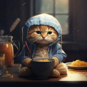 一只金渐层小猫，穿卫衣，戴蓝色的帽子，坐在桌子前面吃面条
