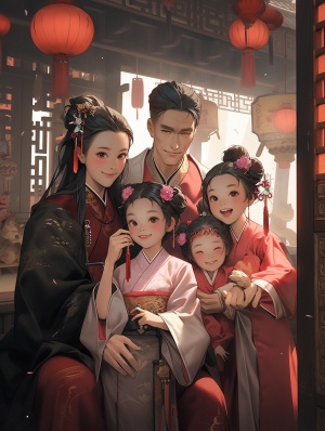 一家四口中国人全家福，最左边是30岁的爸爸，中间是6岁的姐姐，30岁的妈妈抱着2岁的妹妹，愉快温馨的画面，超高清，8k