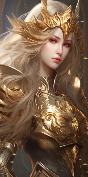 身穿金色战甲，左手金色大盾，右手长剑，长发飘飘的美丽战争女神，高质量，脸非常漂亮