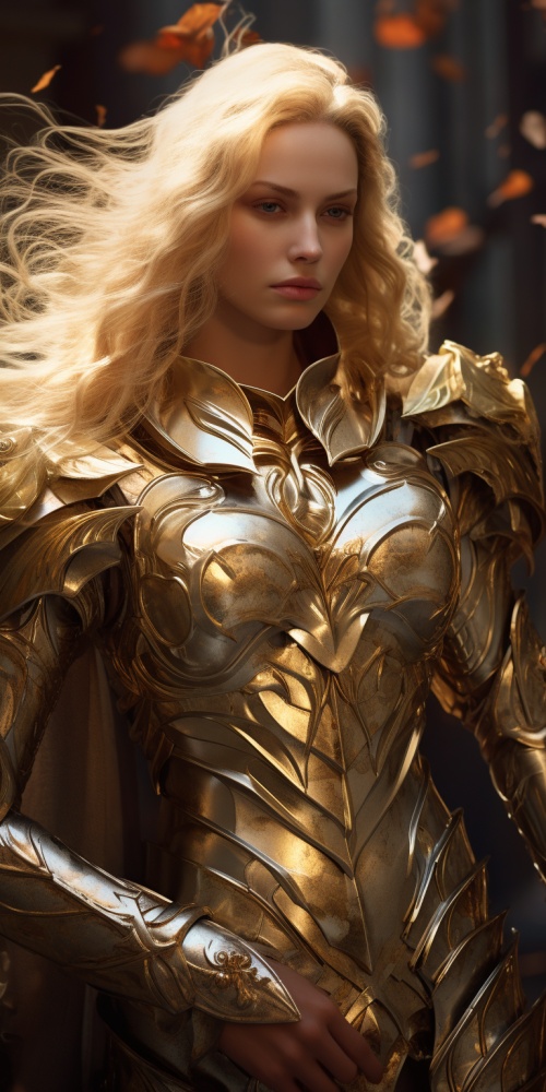 身穿金色战甲，左手金色大盾，右手长剑，长发飘飘的美丽战争女神，全身照