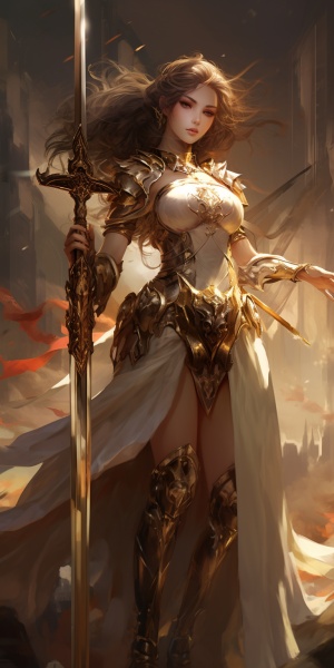 左手金色大盾，右手长剑，美丽的胜利女神，全身照