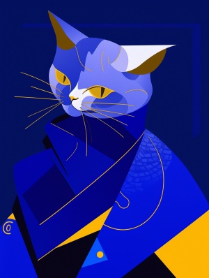 Fashion Cat: Exaggerated Pose, Sapphire Blue vs Gold, Minimalist Art