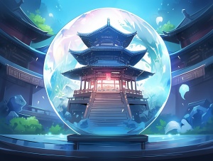 发蓝光的水晶球中的中国古代宫殿