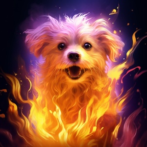 黄紫红色火焰中的卡通狗，何家英风格，gif动画，张静娜，logo，表情强烈，windows xp，超现实水