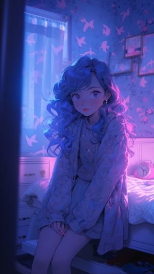 小女孩，大波浪头发，洛丽塔风格，在卧室，室内灯光，蓝紫粉配色，七分镜头，氛围感