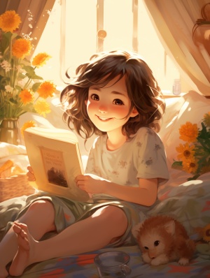 阳光唤醒喜悦，小女孩与书籍与鲜花共舞