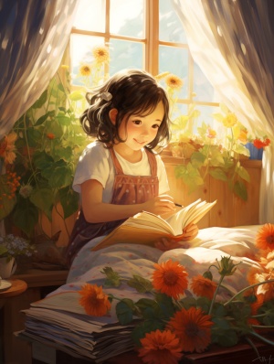 早晨阳光透过窗帘，可爱的小女孩躺在床上伸懒腰，鲜花，书籍，喜悦