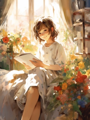 阳光唤醒喜悦，小女孩与书籍与鲜花共舞