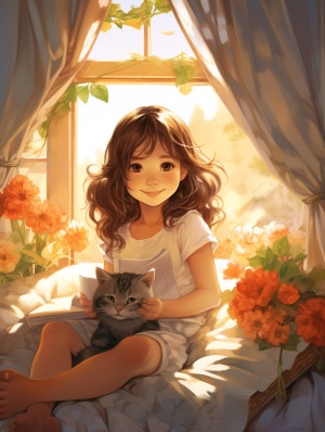 阳光照耀下的可爱女孩与小猫咪