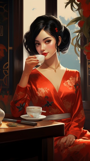 穿旗袍的中国美女在咖啡店享受优雅高贵的时刻