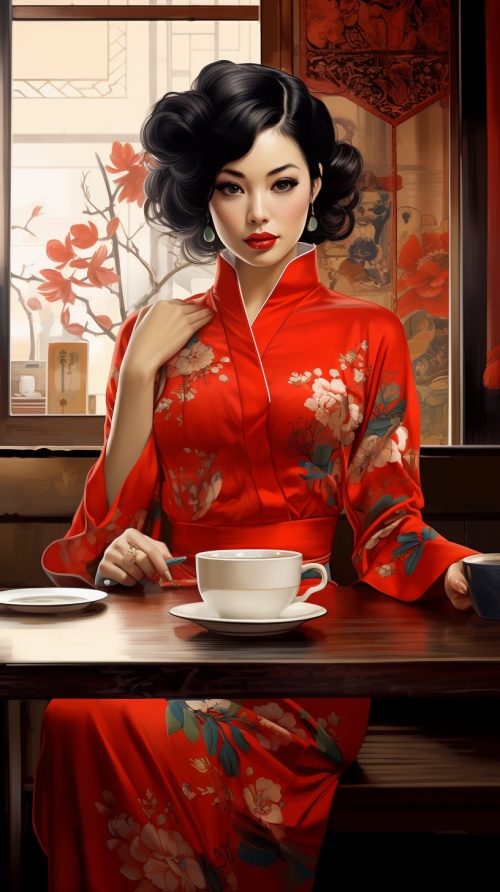 穿旗袍的中国美女在咖啡店边喝咖啡边聊天乌黑的头发，大眼睛，红唇，优雅高贵