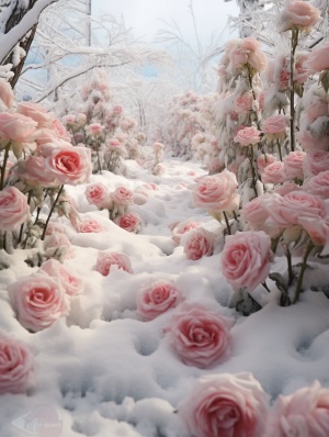 一望无际的雪地上， 满满的都是粉色的玫瑰花，还有绿色枝叶，晶莹剔透，清澈，明亮白色的雪地上无旁物，干净透彻从近到远,地面平视视角,真实画面 ，超高清