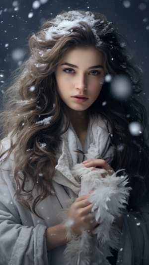 一个美女，穿着冬装，围着浅灰色围脖，长发飘飘，下雪雪花，双手捧着雪，摄影