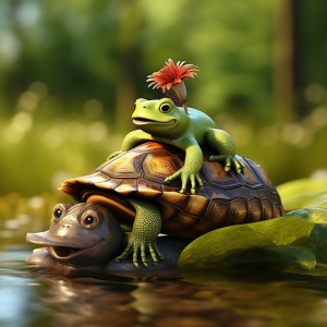 High-Quality 4K/8K Masterpiece: Frog Riding Turtle with Snail