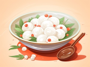 一碗汤圆，勺子里一颗白色汤圆，圆圆的团子，可爱，汤圆拟人，明亮的，简单可爱的插图