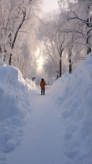 厚厚的雪有2米高，中间被铲出一条路，路的两边的树也挂满了雪，一个穿着羽戎服的男人背对着站在路的中央，拿着铁锹铲着雪，戴着狐狸帽子。