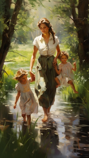 妈妈和孩子有树阴下散步，有河流，野花