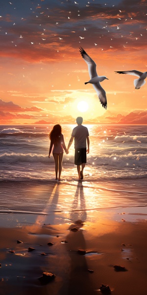 情侣牵手，夕阳下闪闪发光的海鸥与爱心