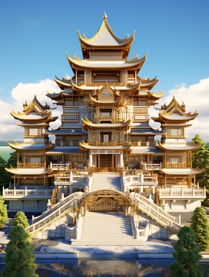 中国艺术奢华宫殿 天宫关键词：Traditional Chinese classical architecture, mountains, flowing water, gold, white and blue color matching, multi-dimensional art style, jade material, c4d, oc rendering, realistic details, HD 8k翻译：中国传统古典建筑，群山，流水，金色白色蓝色配色，多维立体艺术风格，玉石材质，c4d，oc渲染，逼真细节，高清8k#ai #Ai绘画 #中国建筑#天宫 #艺术 #建筑 #中国传统 #文化 #创意 #古典 #设计师 #mj