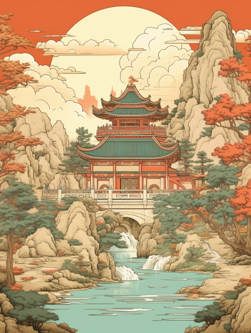 Chinese illustration, ancient style architecture#HEALING LANDSCAPE#中文版illustration #古风Architecture #oriental aesthetics #healing #wallpaper #landscape #material #AIillustration