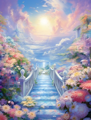 梦幻仙境：鲜花、小桥、流水插画