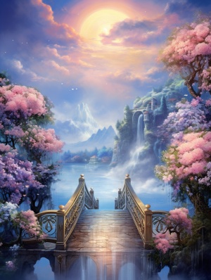 梦幻仙境：鲜花、小桥、流水插画