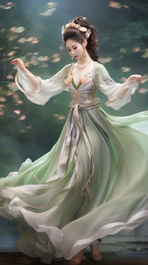 super realistic skin,whirling dance,full-body shot,A beautiful Tang Dynasty woman,bun hair,wearing Gorgeous white pink green Hanfu,with super realistic skin,whirling dance,dancing gracefully,graceful dance,pleated long skirt,gauze clothes,cute and dreamy,flowing cloth,ancient chinese clothingwallpaper,in the style of ethereal and dreamlike,high detail,soil painting,hyper quality,8K s 250 niji 6 ar 2:3